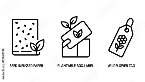 Sustainable and Eco-Friendly Packaging Icons for Seed-Infused Paper, Plantable Box Labels, and Wildflower Growth Tags.