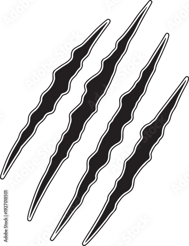 Four black claw marks with white outlines on a white background also transparent background scratches