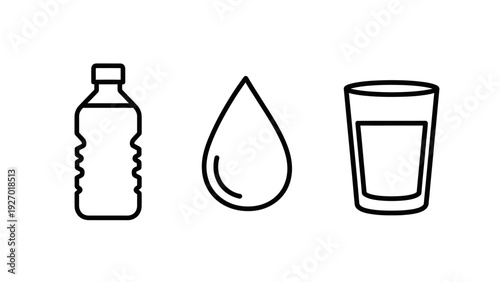 Set of essential hydration icons featuring a plastic water bottle, a single clean water drop, and a glass of water for health and environmental concepts.