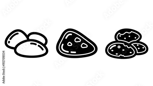 Set of hand-drawn style icons featuring rounded stones, a triangular snack chip with seeds, and a group of cookies or baked goods for food and nature themes.