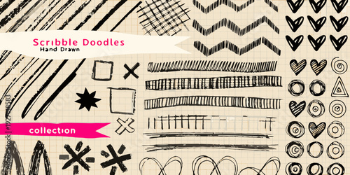 Collection of hand drawn scribble doodles and sketched geometric patterns