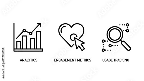 Digital marketing analytics and user engagement icons for tracking usage metrics and data growth with charts and heart symbols