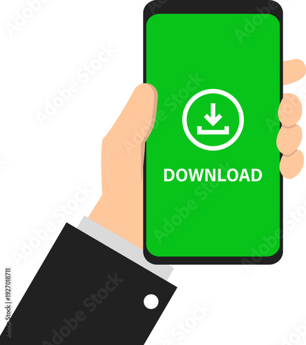 A person in a suit holds a smartphone displaying a green screen with a download icon and text