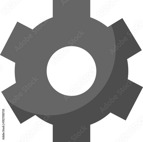 A minimalist, flat design icon representing a single gray gear with a central hole, symbolizing mechanics and industry