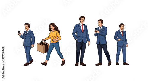 Diverse group of business professionals walking and standing.