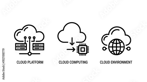 Enterprise Cloud Computing Service Icons Displaying Platform Infrastructure, Global Connectivity, and Processor Environments