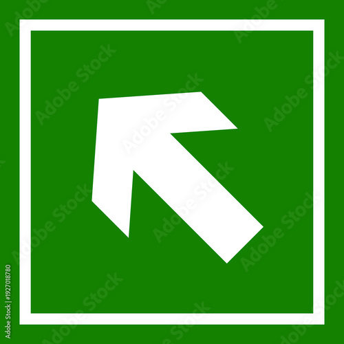 A white arrow pointing diagonally upwards and to the left within a white square border on a green background, indicating direction or exit