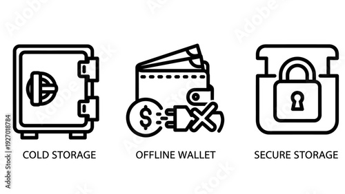Cryptocurrency and Data Security Icons Representing Cold Storage Vaults, Offline Wallets, and Secure Asset Protection