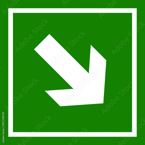 A white arrow pointing diagonally down and to the right is displayed on a green square background with a white border, indicating direction or a pathway