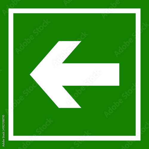 A clear white arrow pointing left within a green square, indicating an emergency exit direction