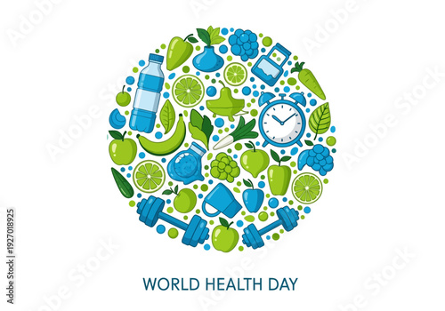 World health day illustration with blue and green icons