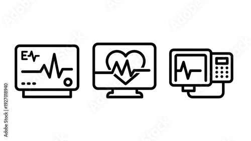 Medical EKG Heart Rate Monitor Icons Set for Cardiology Diagnostics and Hospital Vital Sign Tracking