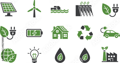 Eco-friendly icons pack solar wind water power battery solar home recycling electric vehicle earth leaf lightbulb vector