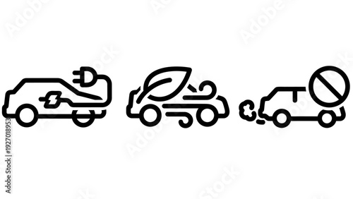 Sustainable Transportation Icons Set Featuring Electric Vehicles, Low Emission Cars, and Eco-Friendly Green Mobility Concepts for Environment