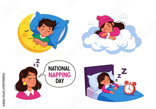 National napping day illustration with four cartoon characters sleeping