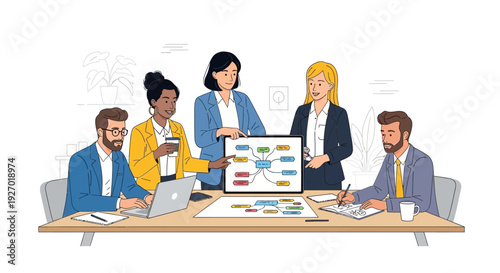 Diverse business team collaborating around a table with a presentation.