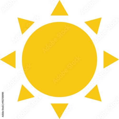 A stylized, vibrant yellow sun symbol with eight triangular rays radiating outwards against a stark black background, representing warmth and energy