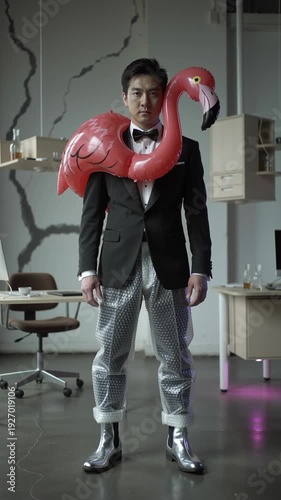 Workplace Humor Concept Man In Office With Flamingo Float And Tuxedo.