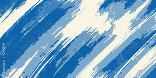 Abstract brushstrokes of blue and white create a dynamic pattern