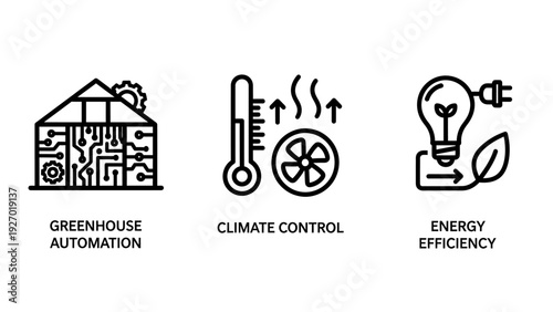Smart agriculture and sustainability icon set featuring greenhouse automation, climate control systems, and energy efficiency concepts in black line art.
