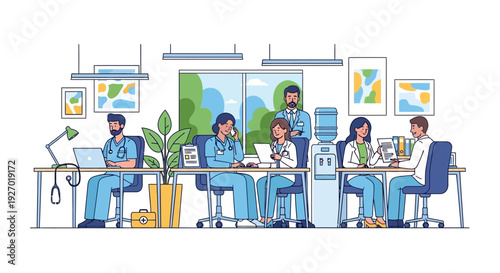 Diverse group of medical professionals collaborating in a modern office setting.