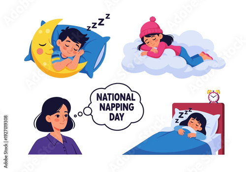 Illustration of people sleeping and celebrating national napping day