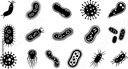 Collection of Black Silhouette Microorganism Bacteria Viruses and Microbes cell