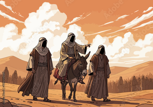 Three people walking in desert landscape with orange sky and clouds