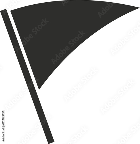 A simple, dark flag is depicted waving against a subtle blue gradient background, suggesting movement and a sense of mystery