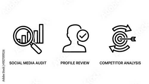 Digital Marketing Strategy Icons Set Featuring Social Media Data Audit, User Profile Performance Review, and Circular Competitor Target Analysis for Business Growth.