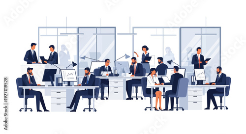 Diverse group of professionals collaborating in a modern office environment.