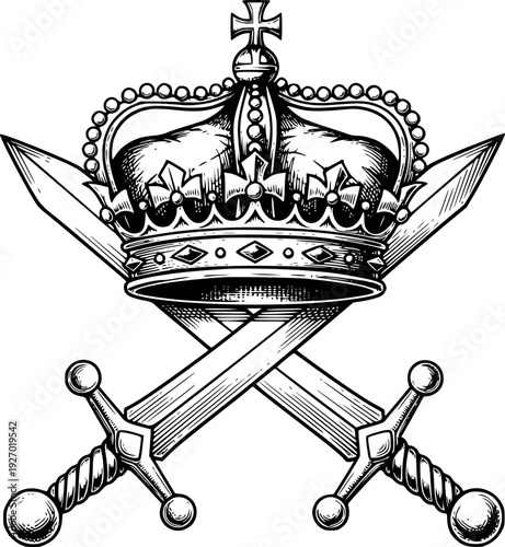 Regal Emblem of Crossed Swords and Ornate Crown Symbolizing Royalty Power Authority