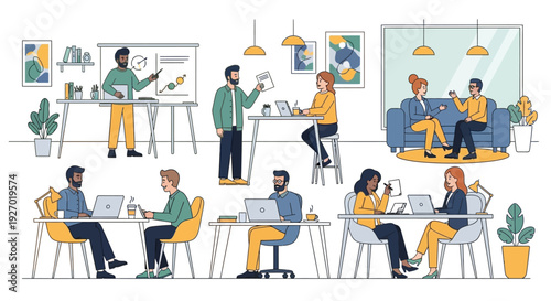 Diverse group of people collaborating and working in a modern office environment.