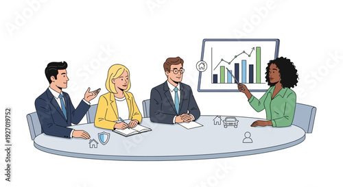 Diverse business team collaborating in a meeting room presenting growth chart.