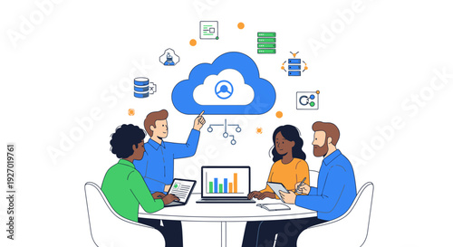 Diverse team collaborates on cloud technology strategy.