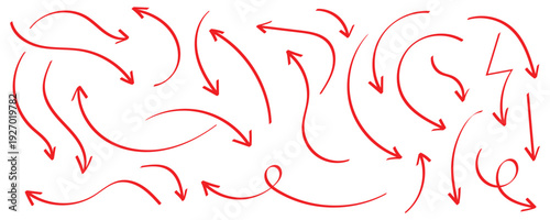 Hand drawn doodle red crayon brush lines, chalk and brush stroke vector elements. Arrows, abstract shapes isolated on white background. Red sketched doodle arrows pointing in various directions style.