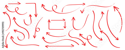 Hand drawn doodle red crayon brush lines, chalk and brush stroke vector elements. Arrows, abstract shapes isolated on white background. Red sketched doodle arrows pointing in various directions style.