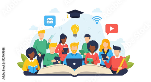 Diverse Student Group Study. E-Learning, Online Education, and Knowledge Acquisition Concept. Modern Flat Vector Illustration.