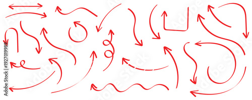 Hand drawn doodle red crayon brush lines, chalk and brush stroke vector elements. Arrows, abstract shapes isolated on white background. Red sketched doodle arrows pointing in various directions style.