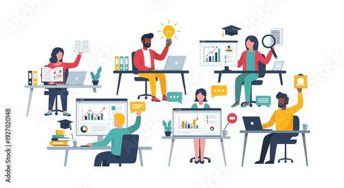 Teamwork and Digital Learning: Diverse Professionals Collaborating on Business Analysis, Idea Generation, and Skill Development in Remote Office