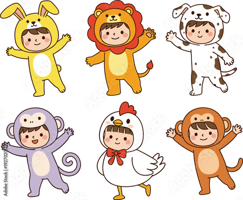 Cute Cartoon Kids in Animal Costumes Vector Set Including Lion, Bunny, Dog, Monkey, and Chicken Outfits for Children's Party Design.