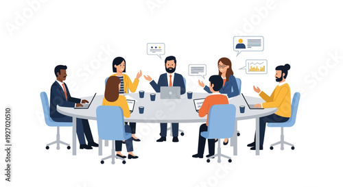 Diverse group of professionals collaborating in a modern office meeting.