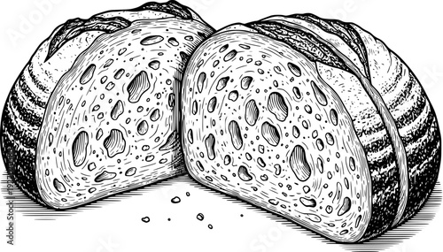 Detailed black and white line of rustic sourdough bread loaves sliced open revealing airy crumb