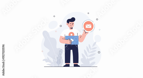 Young person with tablet, mail icon, and foliage, stylized illustration