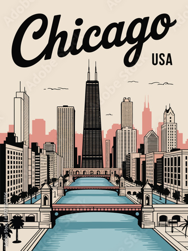 Chicago USA Poster, Black and White Skyline Illustration with Elegant Cursive Typography Vintage Travel Design