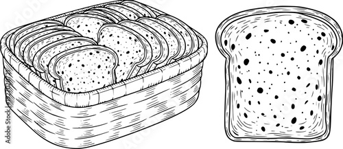 Hand Drawn Sliced Bread Loaf in Wicker Basket and Single Slice Isolated