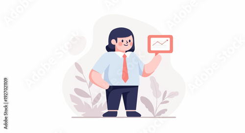 Businesswoman presenting an upward trending graph on a small board, with stylized plants