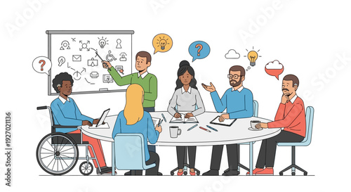 Diverse group of people collaborating in a modern office meeting.