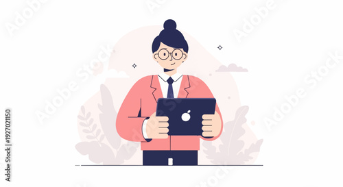 Animated individual wearing glasses and a suit, holding a tablet with a glowing logo