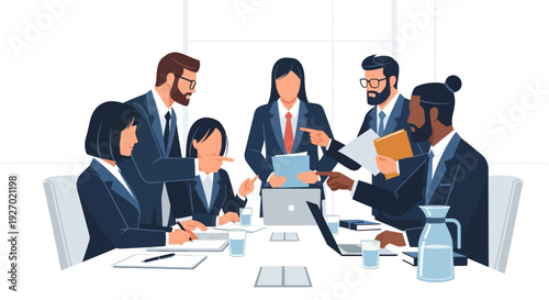 Diverse group of professionals collaborating in a modern office meeting.